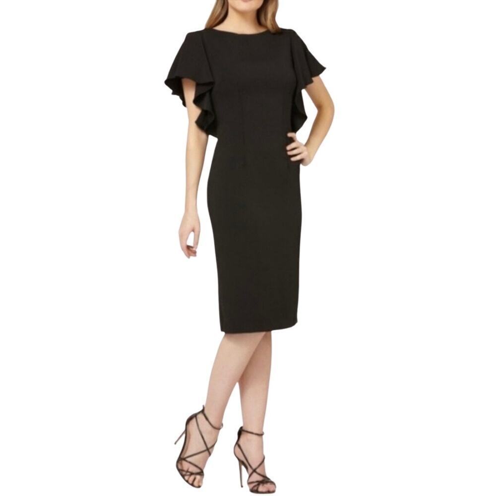 Carmen Marc Valvo Dress Flutter Sleeve Sheath Pencil Neutral Business Cocktail 6